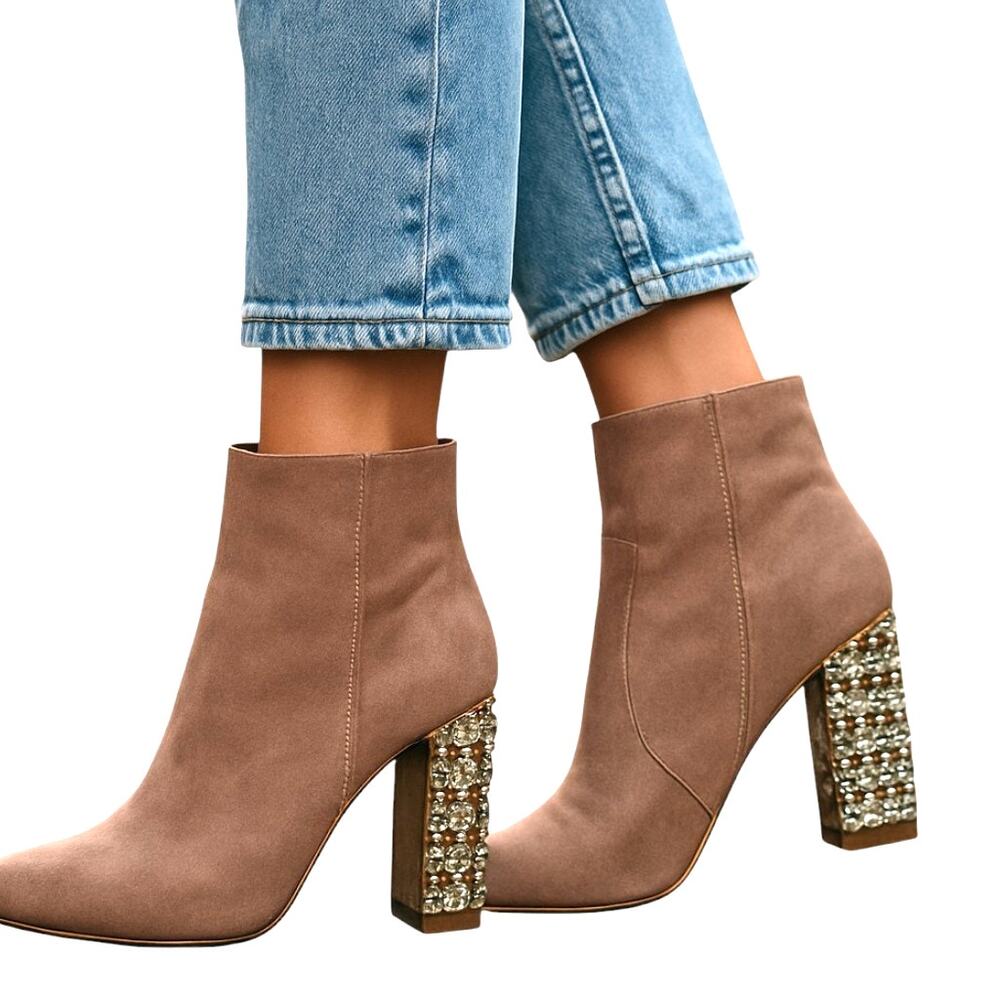 Bamboo 10 Brown Women's Chelsea Ankle Boots 4 Inch High Jeweled Heel Shoe